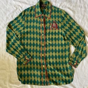 1990S BOB MACKIE Green & Blue Silk Harlequin Blouse Small‎